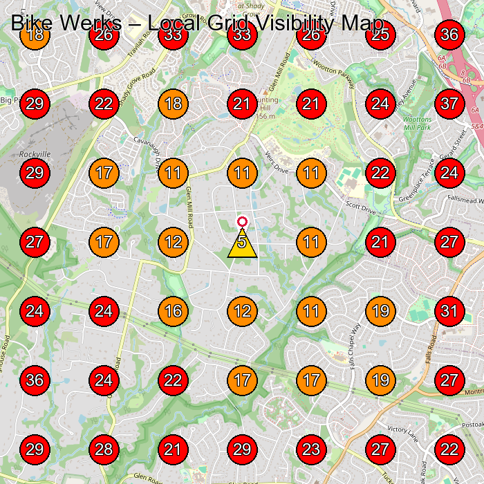 Bike Werks GeoGrid visibility map for Bicycle Store in 14803 Southlawn Ln