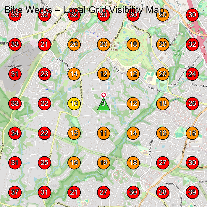 Bike Werks GeoGrid visibility map for Bicycle Store in Gaithersburg