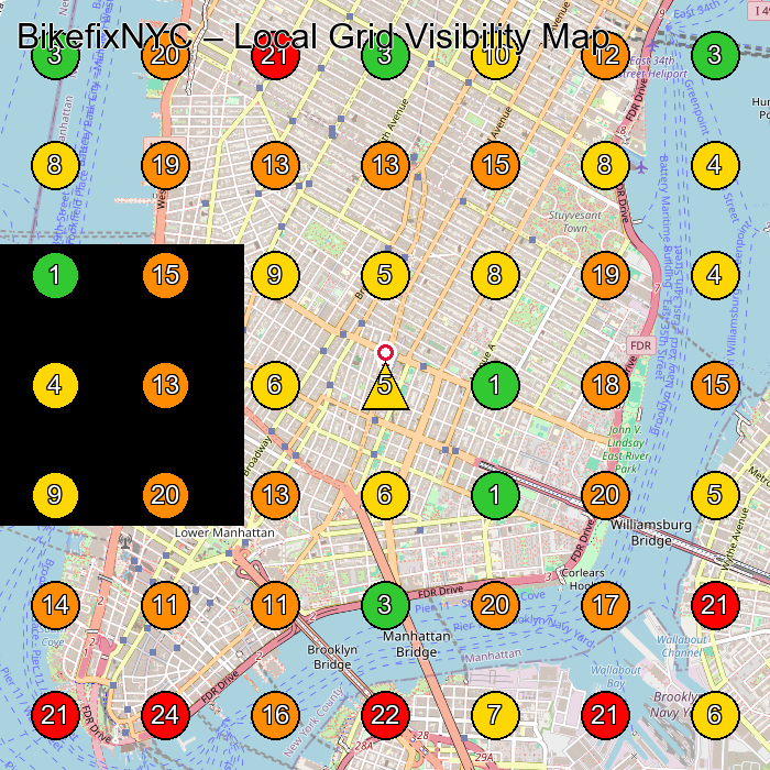 BikefixNYC Bicycle Repair Shop GeoGrid ranking map for New York NY