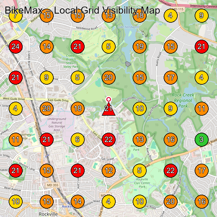 BikeMax Bicycle Store GeoGrid ranking map for 14803 Southlawn Ln Rockville