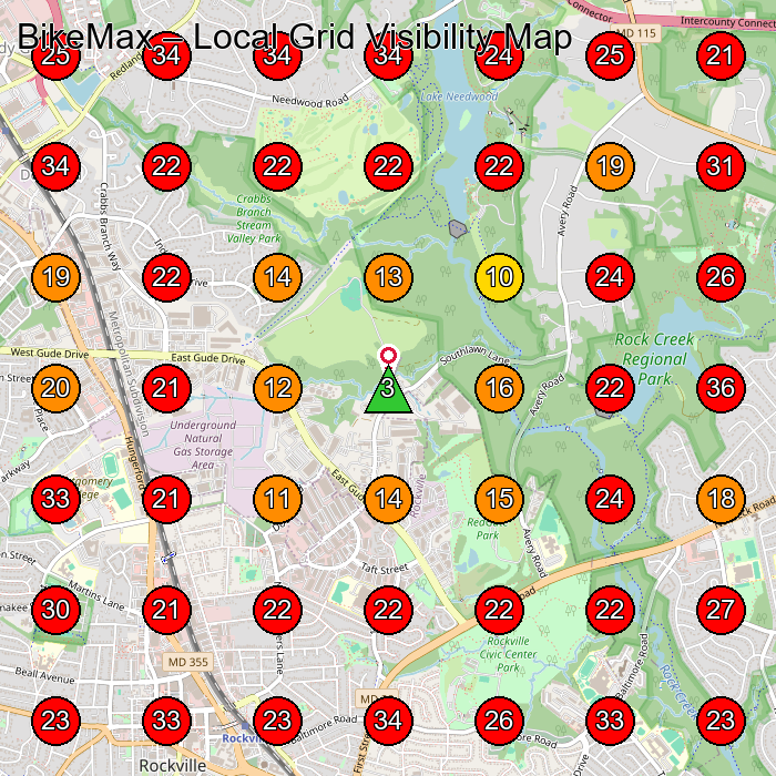 BikeMax GeoGrid visibility map for Bicycle Store in Gaithersburg