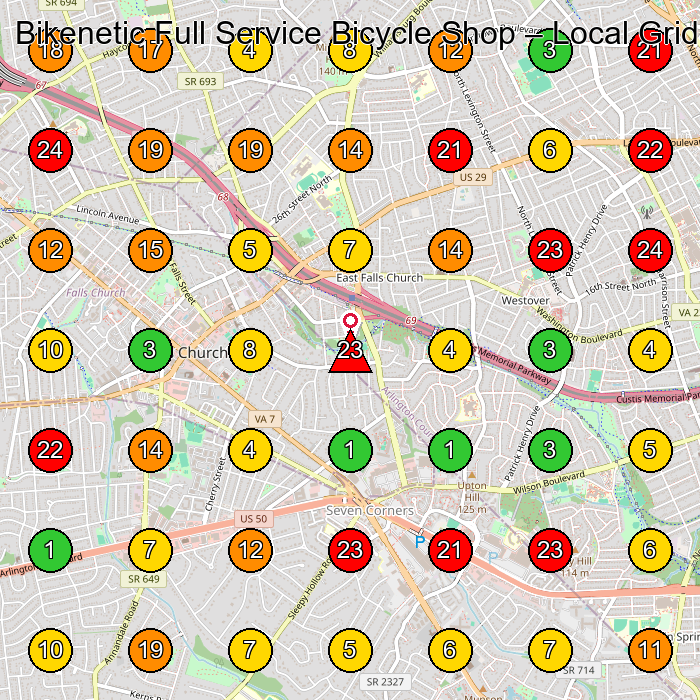 Bikenetic Full Service Bicycle Shop Bicycle Store GeoGrid ranking map for Falls Church VA