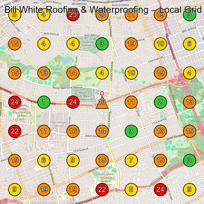 Bill White Roofing & Waterproofing Roofing Contractor GeoGrid ranking map for Queens NY