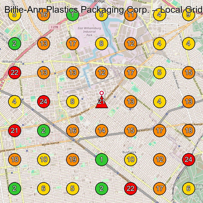 Billie-Ann Plastics Packaging Corp. Manufacturer GeoGrid ranking map for Brooklyn NY