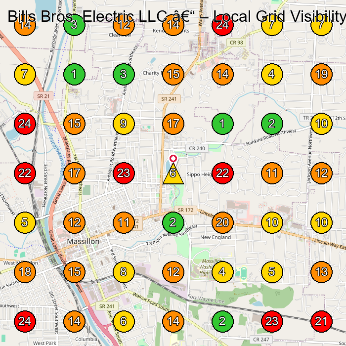 Bills Bros. Electric LLC â€“ Electrician GeoGrid ranking map for Massillon OH