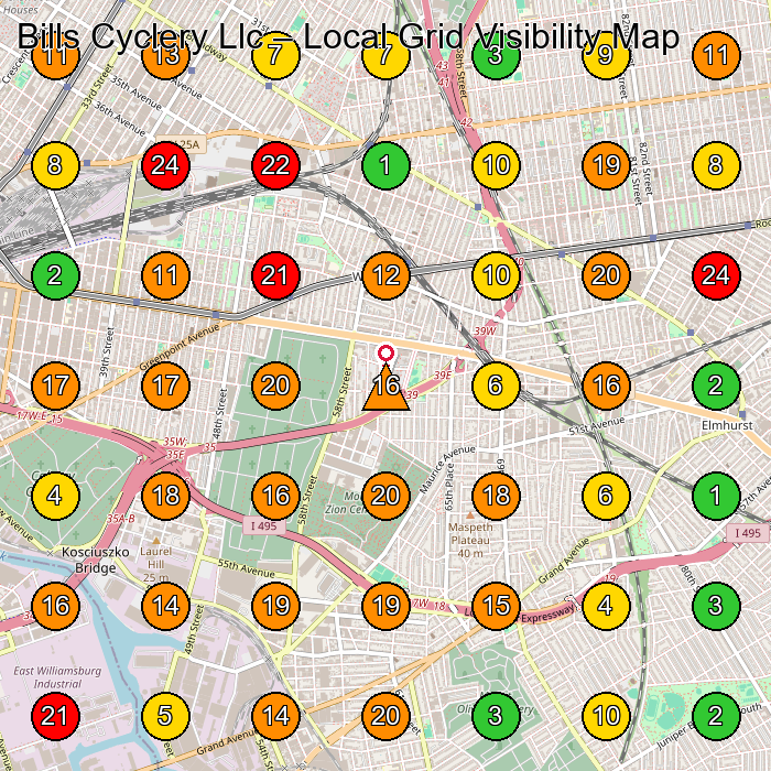 Bills Cyclery Llc Bicycle Store GeoGrid ranking map for Woodside NY