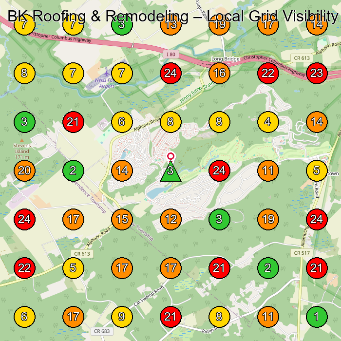 BK Roofing & Remodeling Roofing Contractor GeoGrid ranking map for Hackettstown NJ