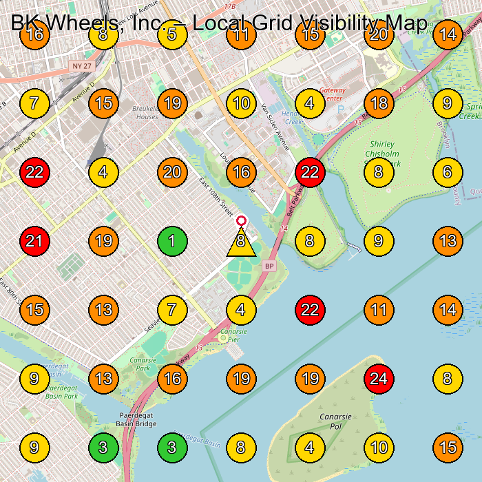 BK Wheels, Inc. Bicycle Store GeoGrid ranking map for Brooklyn NY