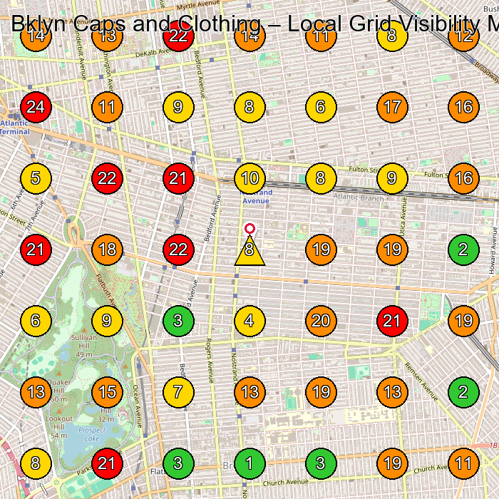 Bklyn Caps and Clothing Hat Shop GeoGrid ranking map for Brooklyn NY