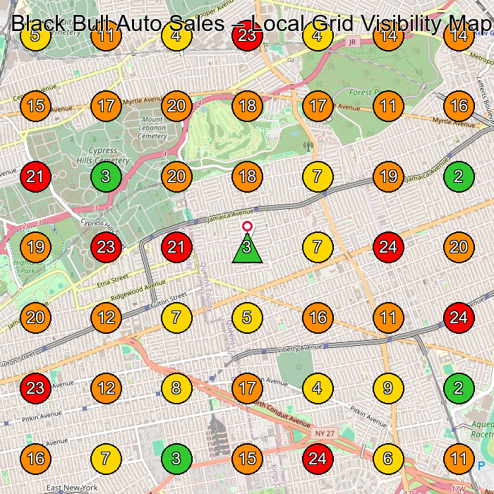 Black Bull Auto Sales Used Car Dealer GeoGrid ranking map for Ozone Park NY