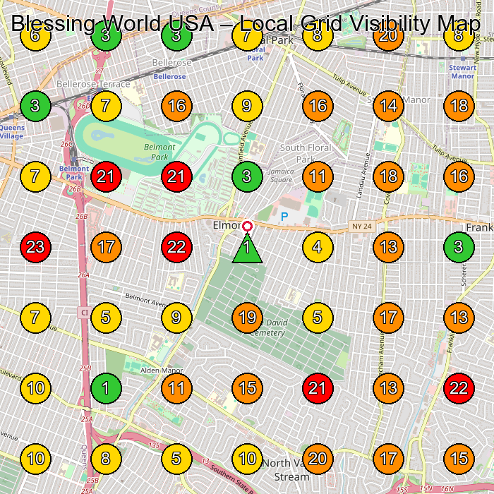 Blessing World USA Beauty Supply Store GeoGrid ranking map for Elmont NY