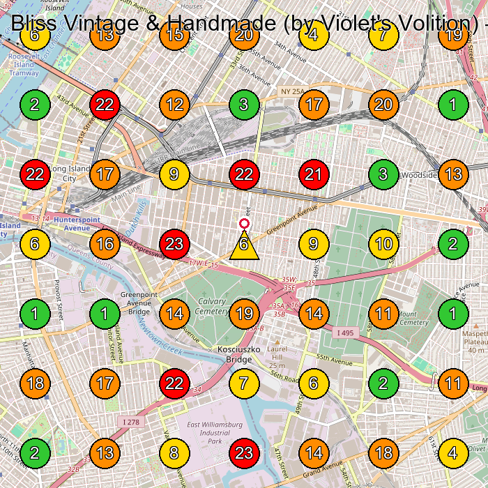 Bliss Vintage & Handmade (by Violet's Volition) Vintage Clothing Store GeoGrid ranking map for Sunnyside NY