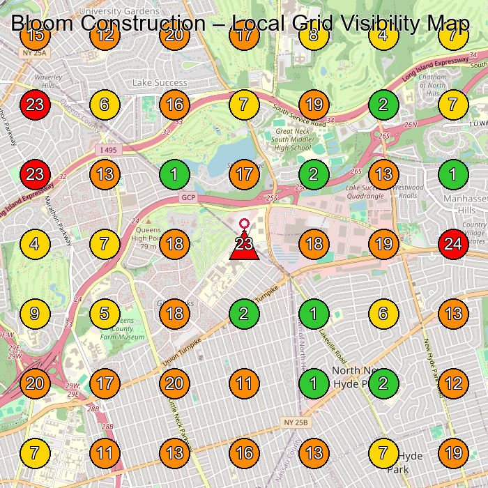 Bloom Construction General Contractor GeoGrid ranking map for Queens NY