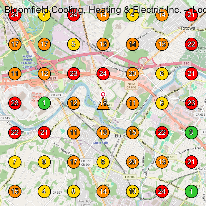 Bloomfield Cooling, Heating & Electric Inc. Hvac Contractor GeoGrid ranking map for Little Falls NJ