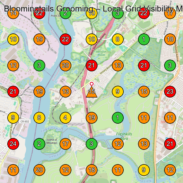 Bloomingtails Grooming Pet Groomer GeoGrid ranking map for Staten Island NY