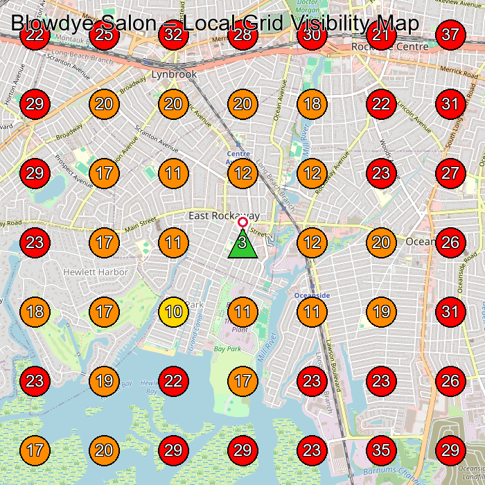 Blowdye Salon Hair Salon GeoGrid ranking map for Oceanside NY