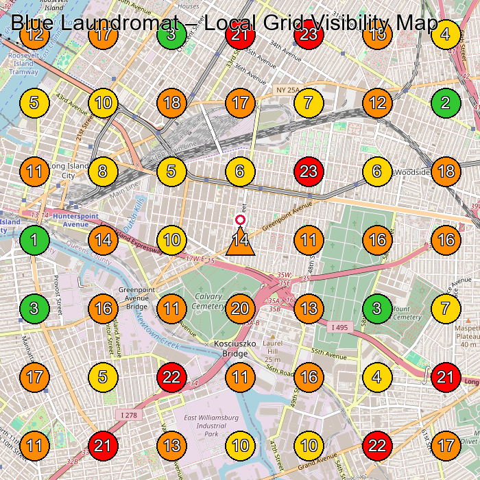 Blue Laundromat Laundry GeoGrid ranking map for Queens NY
