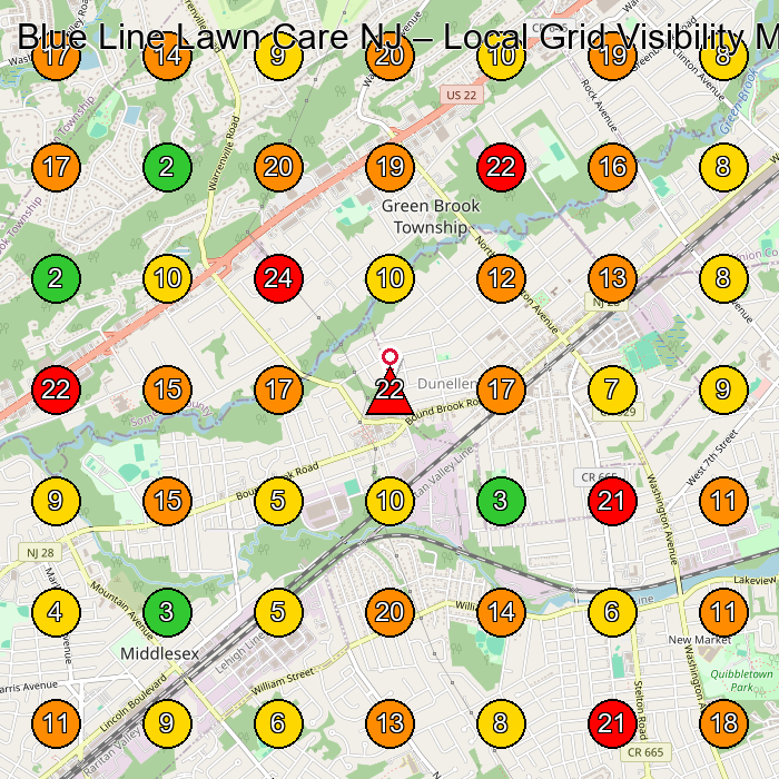Blue Line Lawn Care NJ Lawn Care Service GeoGrid ranking map for Middlesex NJ