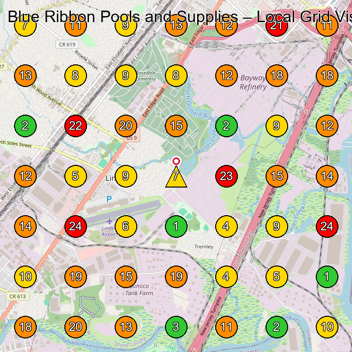 Blue Ribbon Pools and Supplies Swimming Pool Supply Store GeoGrid ranking map for Linden NJ