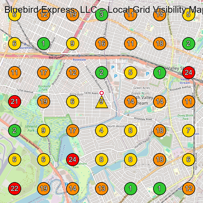 Bluebird Express, LLC Freight Forwarding Service GeoGrid ranking map for Building C5C Valley