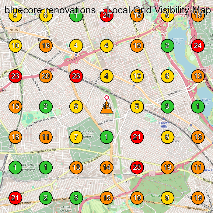 bluecore renovations Construction Company GeoGrid ranking map for Forest Hills NY