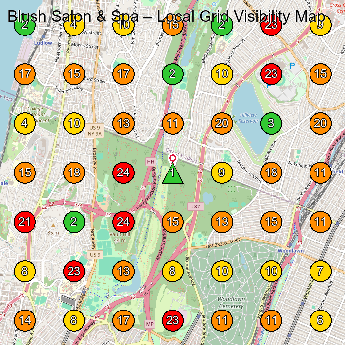 Blush Salon & Spa Beauty Salon GeoGrid ranking map for Yonkers NY