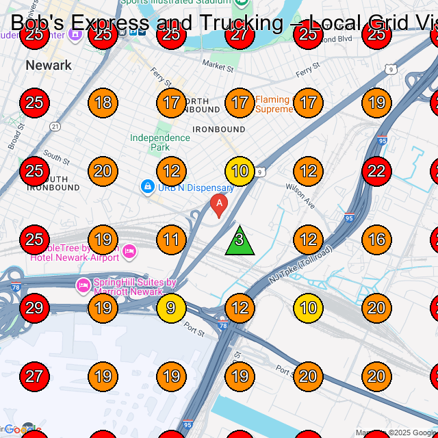 Bob's Express and Trucking Trucking Company GeoGrid ranking map for Newark NJ