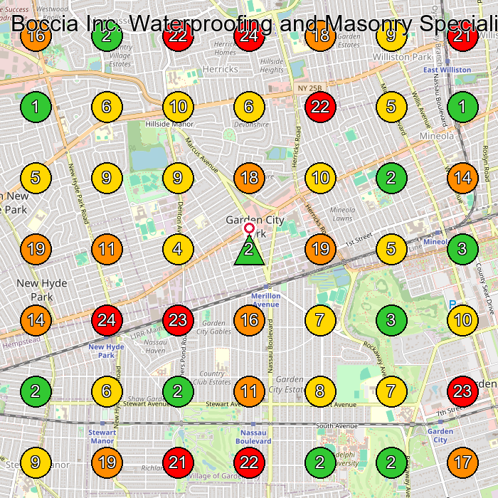 Boccia Inc. Waterproofing and Masonry Specialists Waterproofing Service GeoGrid ranking map for Garden City Park NY