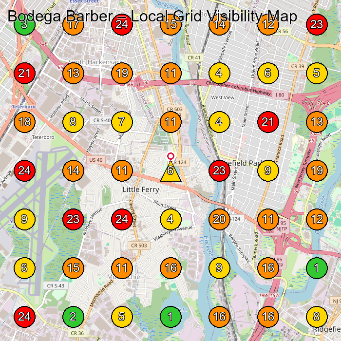 Bodega Barber Barber Shop GeoGrid ranking map for 269 US-46 Suite 105 Little