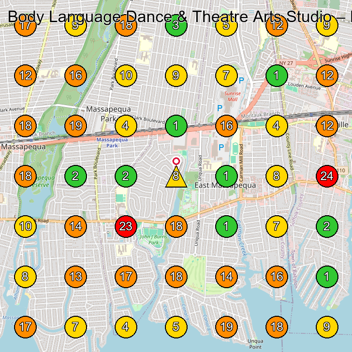 Body Language Dance & Theatre Arts Studio Dance School GeoGrid ranking map for Massapequa NY