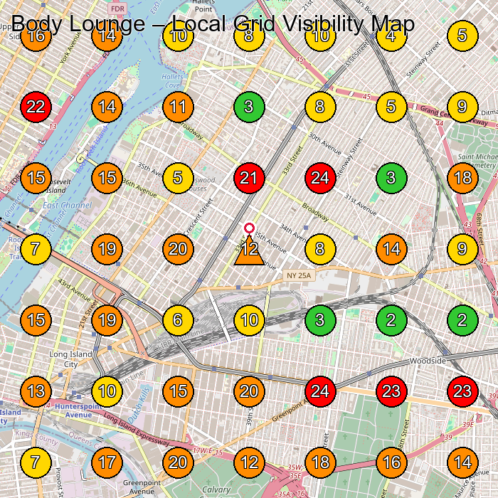 Body Lounge Medical Spa GeoGrid ranking map for Astoria NY