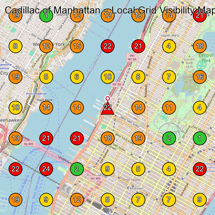 Cadillac of Manhattan Cadillac Dealer GeoGrid ranking map for New York NY