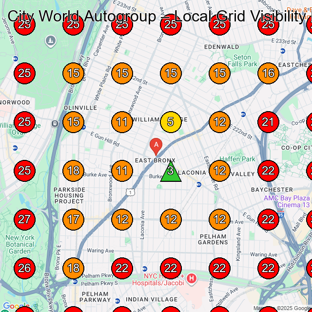 City World Autogroup Used Car Dealer GeoGrid ranking map for Bronx NY