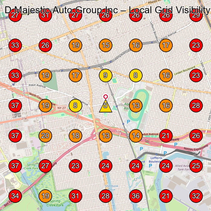D Majestic Auto Group Inc GeoGrid visibility map for Used Car Dealer in Ozone Park