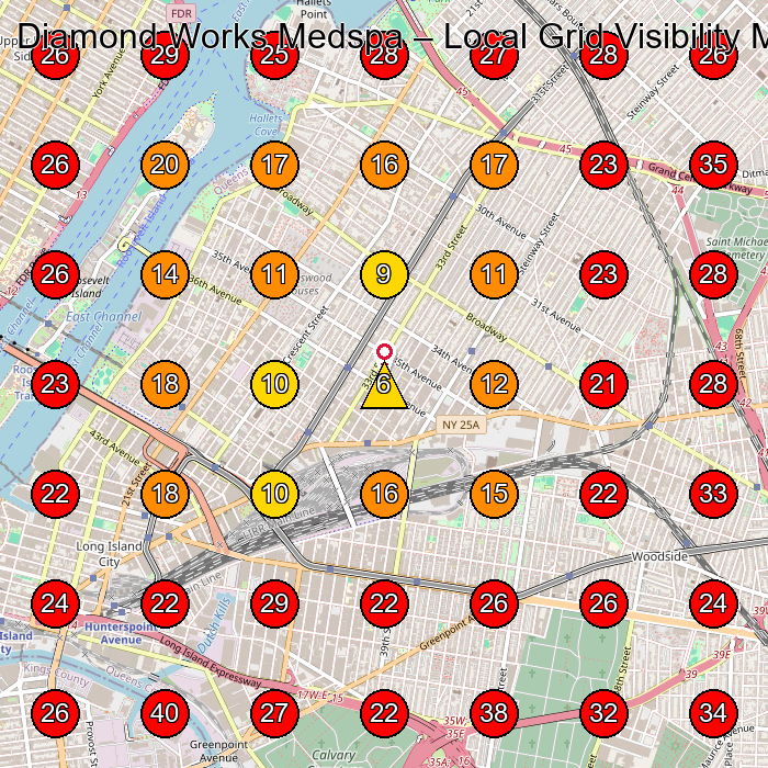 Diamond Works Medspa GeoGrid visibility map for Medical Spa in Astoria