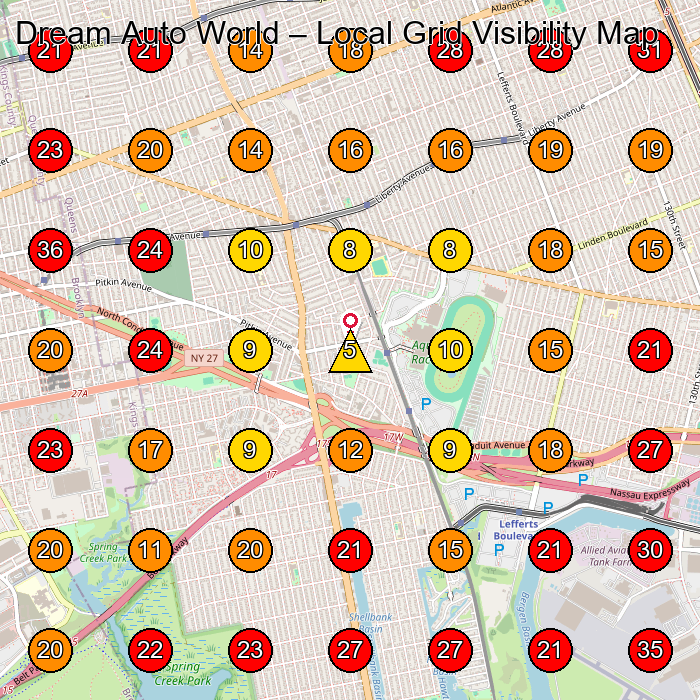 Dream Auto World GeoGrid visibility map for Used Car Dealer in Ozone Park
