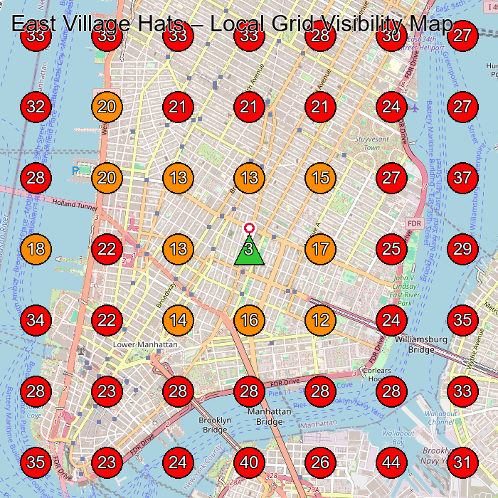East Village Hats GeoGrid visibility map for Hat Shop in Brooklyn