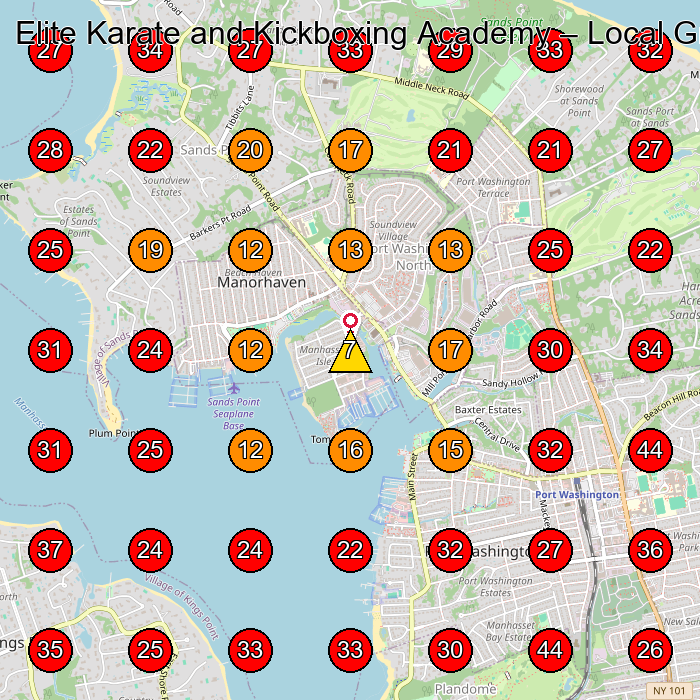 Elite Karate and Kickboxing Academy GeoGrid visibility map for Martial Arts School in Port Washington
