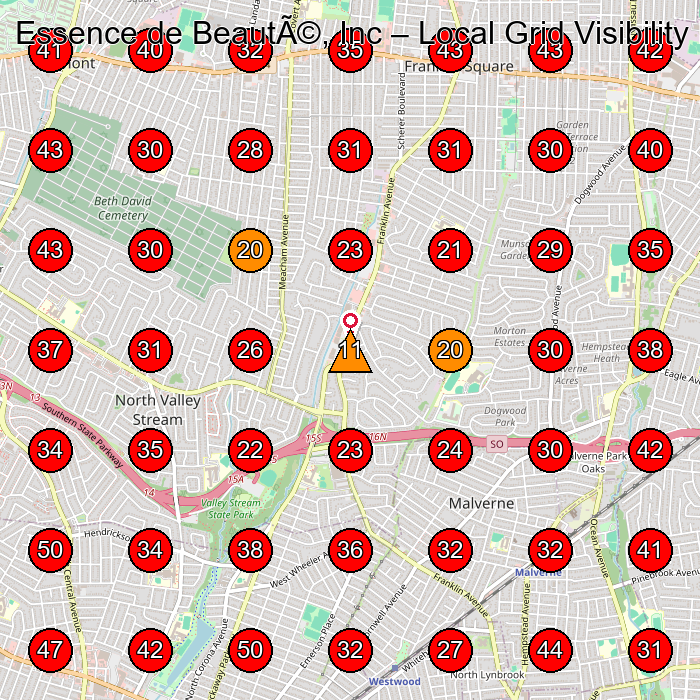 Essence de BeautÃ©, Inc GeoGrid visibility map for Beauty Supply Store in Elmont