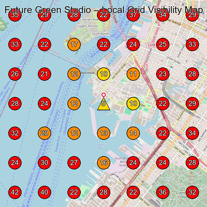 Future Green Studio GeoGrid visibility map for Landscaper in Brooklyn