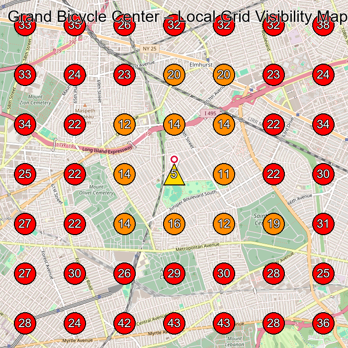 Grand Bicycle Center GeoGrid visibility map for Bicycle Store in Woodside