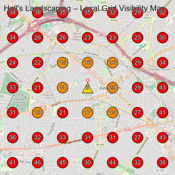 Hall's Landscaping GeoGrid visibility map for Bicycle Store in Falls Church