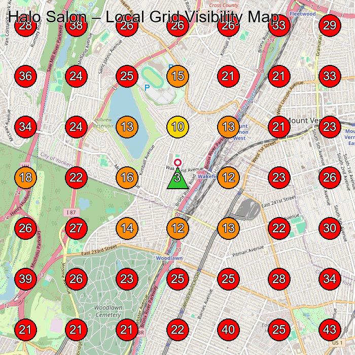 Halo Salon GeoGrid visibility map for Beauty Salon in Yonkers