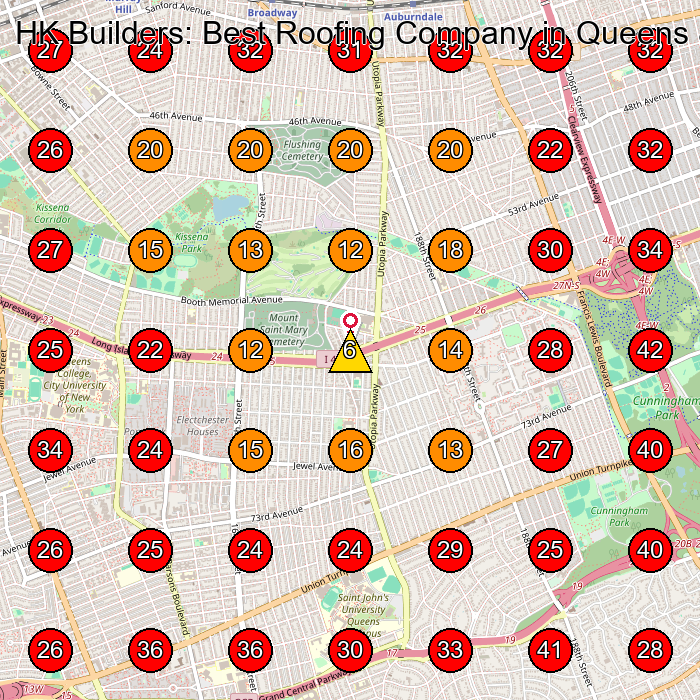 HK Builders: Best Roofing Company in Queens & Siding Repair Flushing GeoGrid visibility map for Roofing Contractor in Queens
