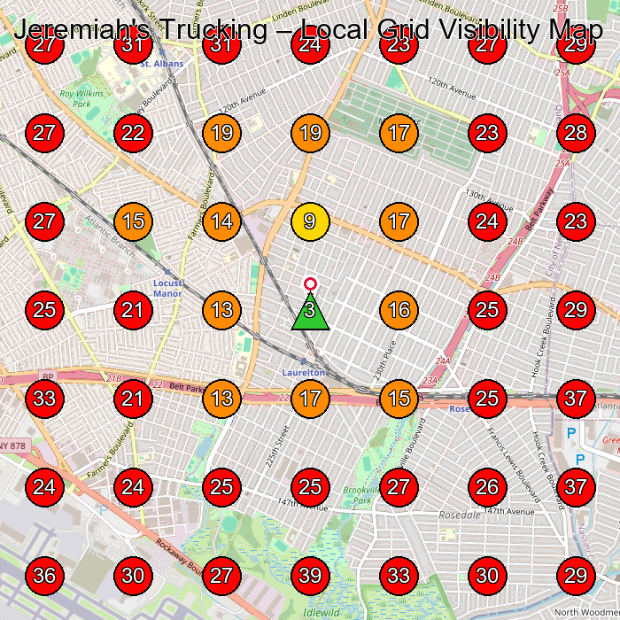 Jeremiah's Trucking GeoGrid visibility map for Freight Forwarding Service in Building C5C