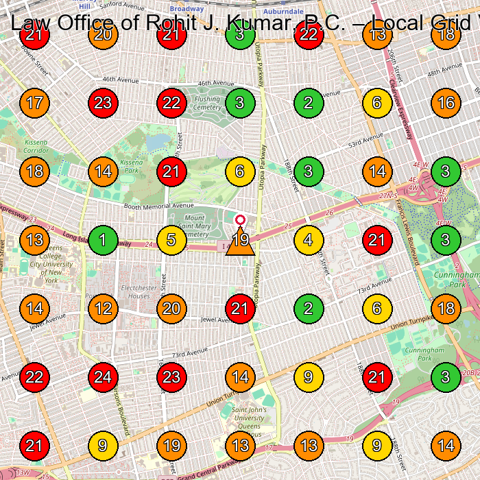 Law Office of Rohit J. Kumar, P.C. Legal Services GeoGrid ranking map for Queens NY