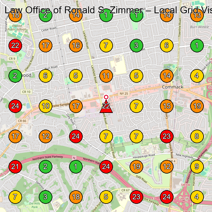 Law Office of Ronald S. Zimmer Legal Services GeoGrid ranking map for Commack NY