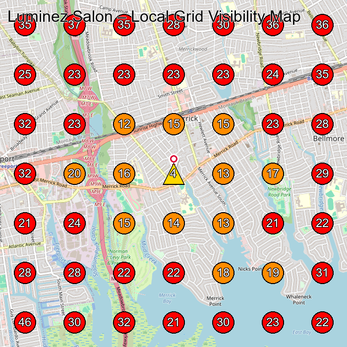 Luminez Salon GeoGrid visibility map for Beauty Salon in Merrick