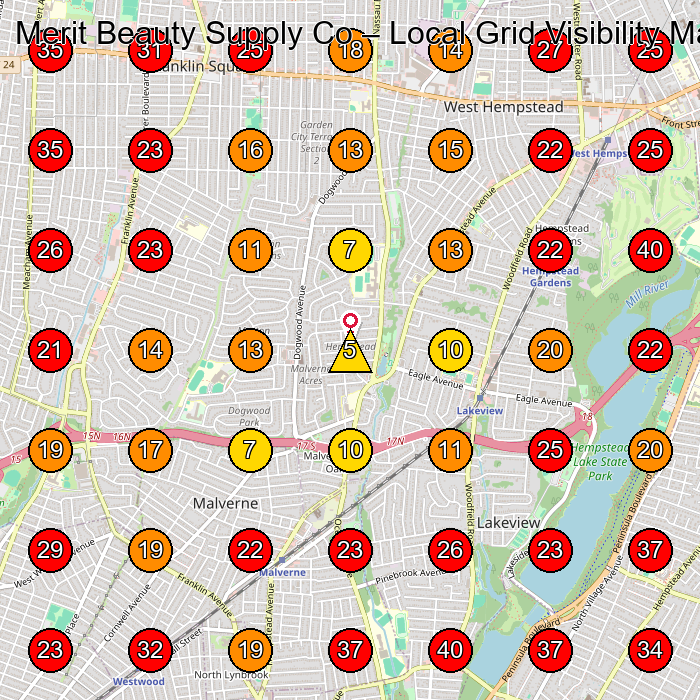Merit Beauty Supply Co GeoGrid visibility map for Beauty Supply Store in Elmont
