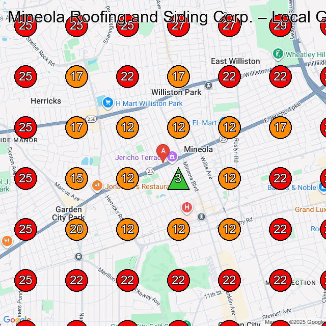 Mineola Roofing and Siding Corp. GeoGrid visibility map for Waterproofing Service in Garden City Park
